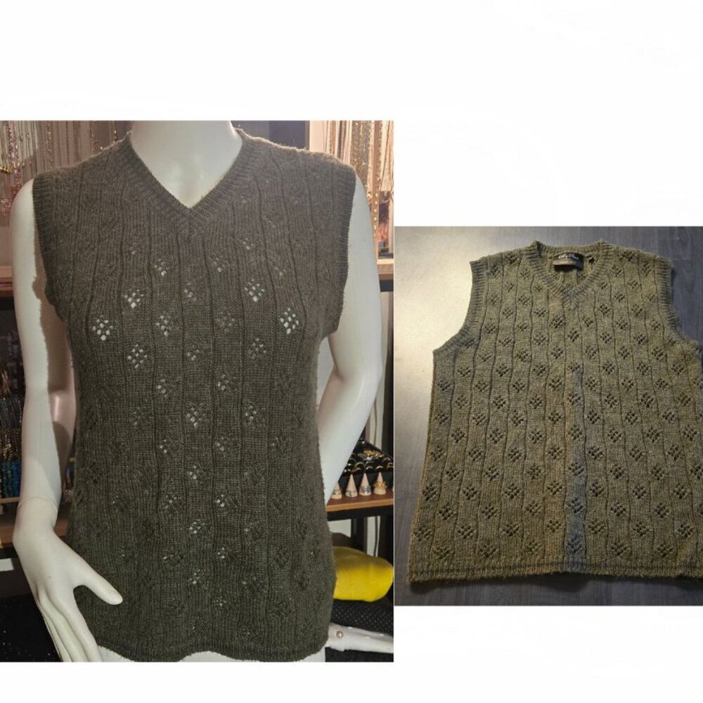 Army Green Openwork Wool Knit Gilet Sleeveless Top Small